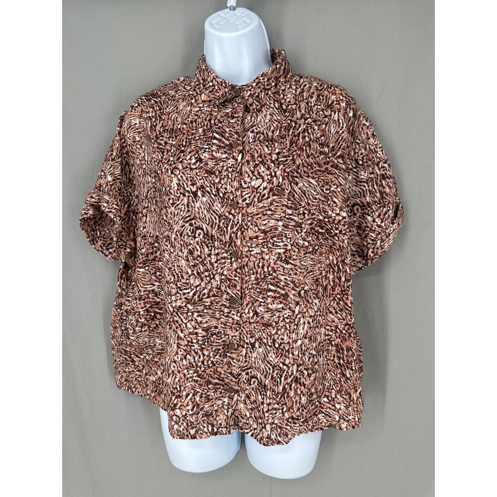 Rachel Zoe Top Womens Medium Brown Linen Animal Print Button Short Sleeve